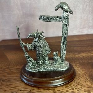Merlin Fine Arts LTD Pewter Witch, Cat, & Bird Sculpture On A Wooden Base